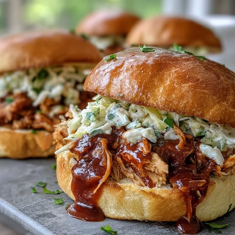 Pulled BBQ chicken sandwiches piled high on soft brioche buns with tangy coleslaw and smoky sauce.  