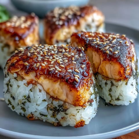 Grilled salmon onigiri with crispy exterior and tender rice, perfect for a savory Japanese snack or light meal.  