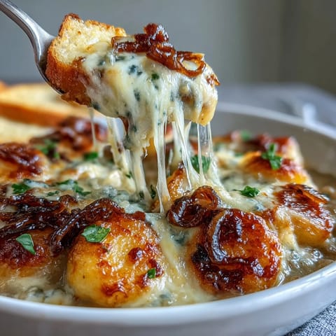 Savory caramelized onion broth with pillowy gnocchi, finished with bubbly Gruyère and Parmesan cheese.  