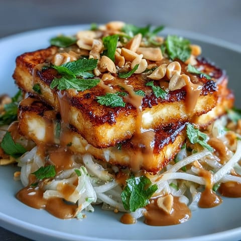 Vibrant Thai mango salad bright with golden crispy tofu and peanut sauce.