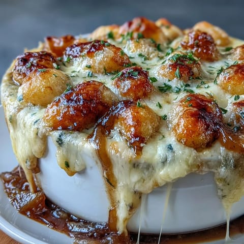 Creamy gnocchi in rich French onion soup, topped with melted Gruyère and toasted baguette slices.  