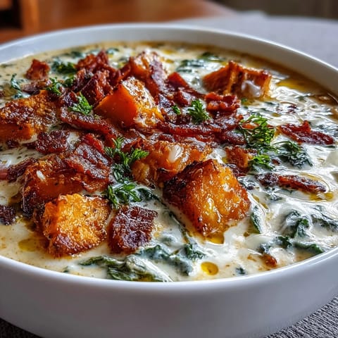Hearty Smoky Sweet Potato Chowder with crispy pancetta and tender kale in a creamy broth.