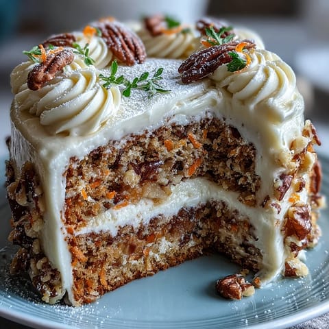Moist Easter carrot cake with cream cheese frosting and candied carrot curls, a perfect springtime dessert centerpiece.  