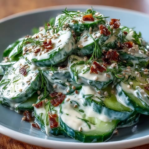Crunchy Viral Cucumber Salad, creamy dressing, savory everything bagel topping.