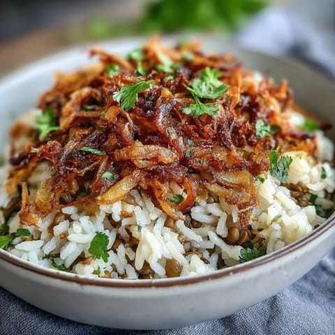 Hearty Levantine Mujadara topped with crunchy fried onions, ready to serve.