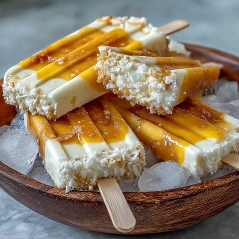 A refreshing bite of smooth, dairy-free mango coconut popsicles, perfect for poolside.