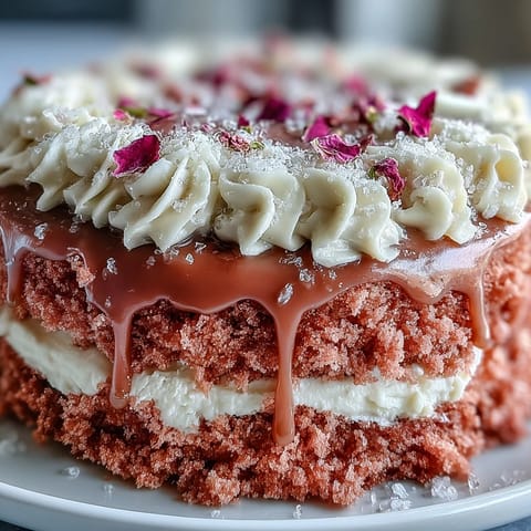 Rosé Velvet Cake: delicate pink layers frosted, elegant gold drip cascades down moist goodness.