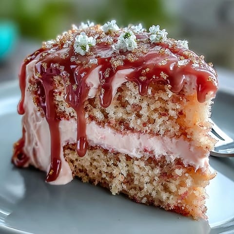 Delicate pink rosé velvet cake frosted beautifully with edible gold shimmering accents.