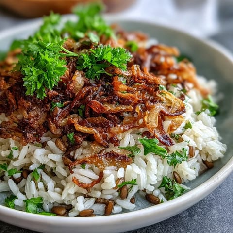 Levantine Mujadara with fluffy rice, tender lentils, and golden crispy onions.