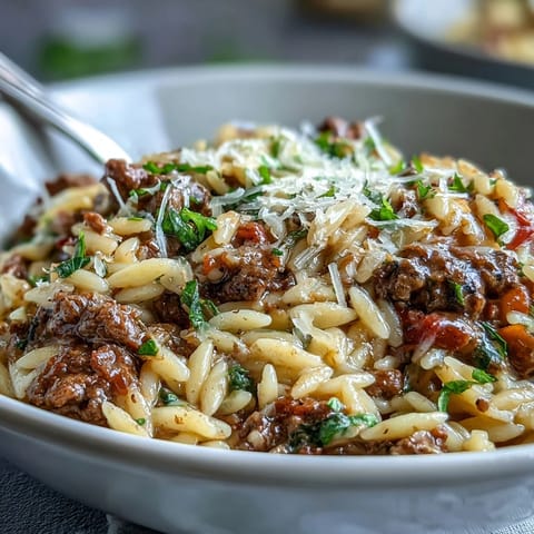 Creamy One-Pot Beef Orzo with tender beef and vegetables, a savory comfort meal.
