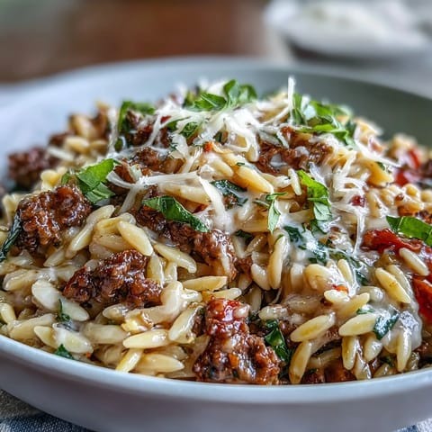 Hearty One-Pot Creamy Beef Orzo, rich and savory with melting Parmesan cheese.
