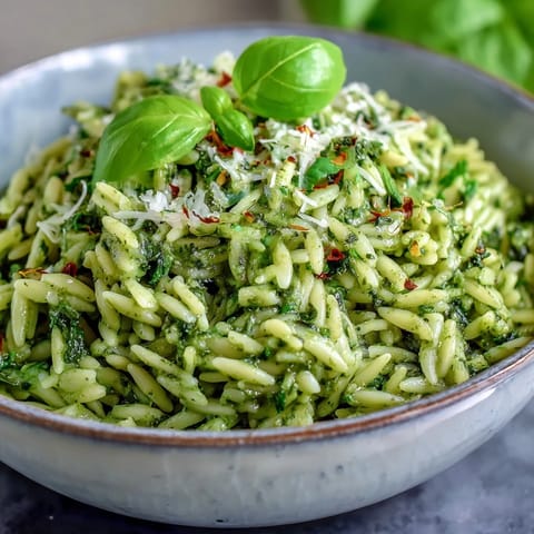 Creamy spinach pesto orzo, vibrant green, ready to be served warm.