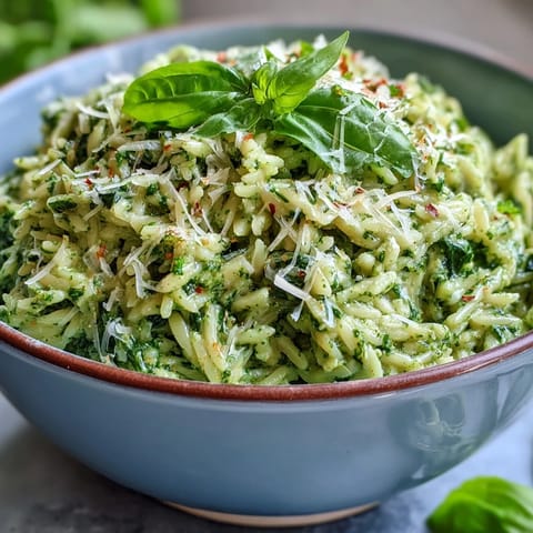 Tender orzo coated in fresh basil spinach pesto, a delightful vegetarian pasta meal.