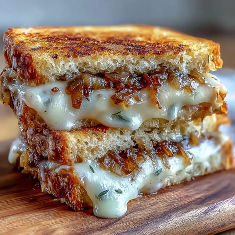 Mouthwatering French Onion Grilled Cheese sandwich toasted golden with bubbly, gooey cheese.