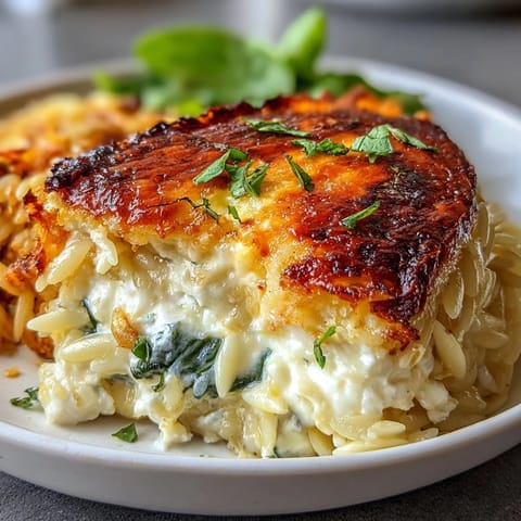 Creamy baked feta orzo with spinach, a comforting Mediterranean vegetarian delight.