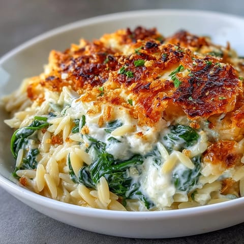 One-pan baked feta orzo, vibrant spinach melting into savory, cheesy goodness.