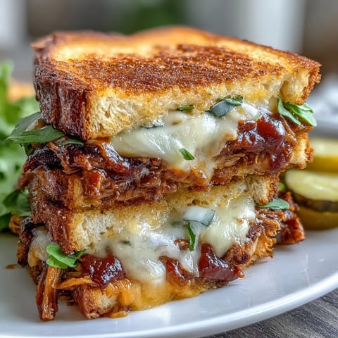 BBQ pulled pork grilled cheese sandwich with golden, melted cheddar cheese.