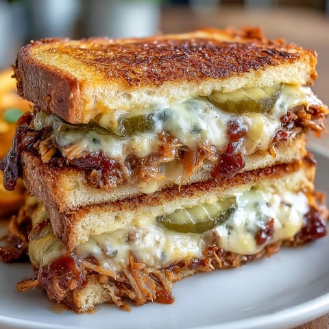 Juicy BBQ pulled pork grilled cheese sandwich, perfectly grilled on sourdough.