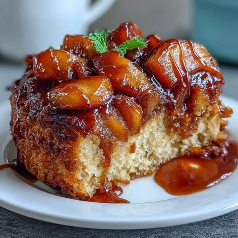 Brown Sugar Peach Upside-Down Cake with caramelized peaches and moist cake.