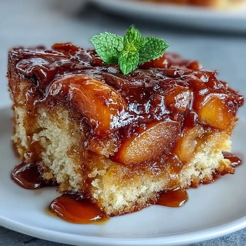 Luscious upside-down cake featuring tender baked peaches and rich brown sugar notes.
