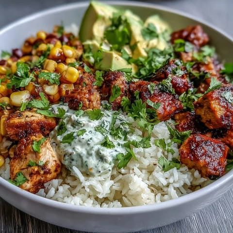 Vibrant Street Corn Chicken Rice Bowls with creamy sauce and avocado topping.