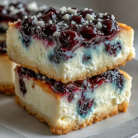 Close-up of no-bake lemon blueberry cheesecake bars featuring a vibrant berry swirl.