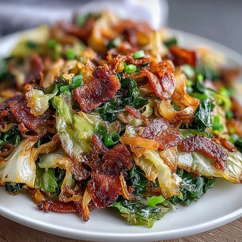 Southern Fried Cabbage with Bacon, tender and slightly browned, served hot.