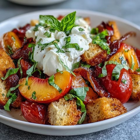 Tomato Peach Panzanella with Burrata: Fresh summer flavors with creamy cheese and toasted bread.