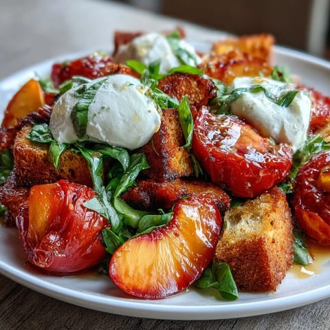 Vibrant Tomato Peach Panzanella with Burrata, a light and refreshing Italian-inspired dish.