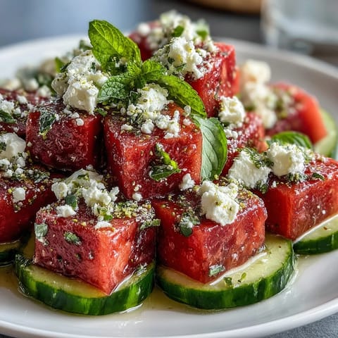 Vibrant Watermelon Feta Crunch Salad with pistachios, a sweet and savory delight.