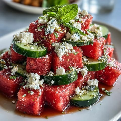 Refreshing Watermelon Feta Crunch Salad, showcasing bright colors and a nutty topping.