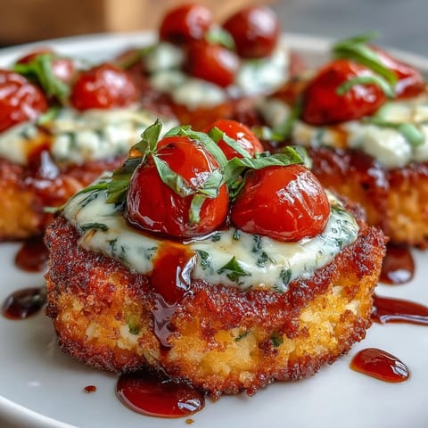 Golden crispy rice Caprese salad with juicy tomatoes, mozzarella, and fresh basil.