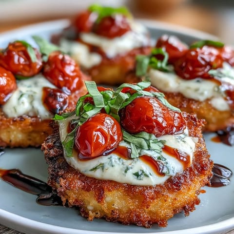 Vibrant assembled crispy rice Caprese salad, a delightful summer appetizer.