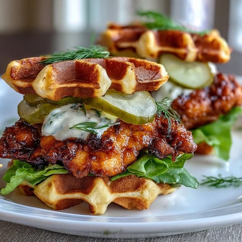 Golden Pickle-Brined Chicken Waffle Sliders piled high with crispy fried chicken and pickles.