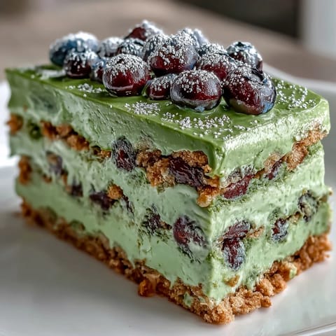 Cool Blueberry Matcha Icebox Cake layered with vibrant cream and berries.