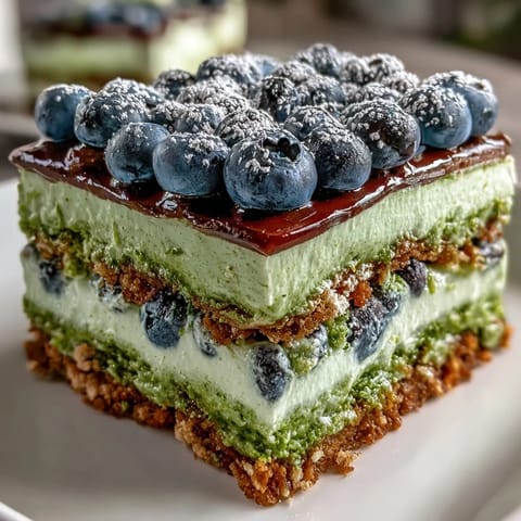 Refreshing no-bake Blueberry Matcha Icebox Cake slice ready for serving.