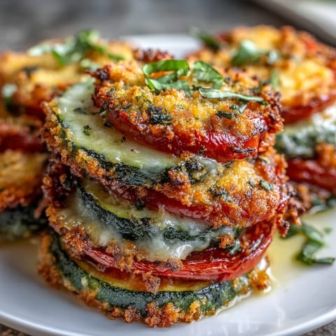 Golden, crispy baked zucchini and tomatoes with melted Parmesan, a delicious Italian side.