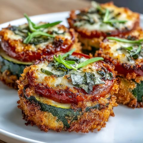 Savory zucchini tomato bake topped with golden brown, crunchy Parmesan breadcrumb perfection.