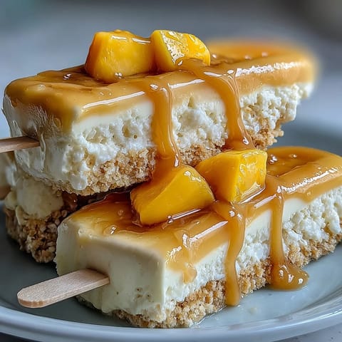 Creamy mango coconut rice pudding pops, a chilled tropical dessert perfect for summer.