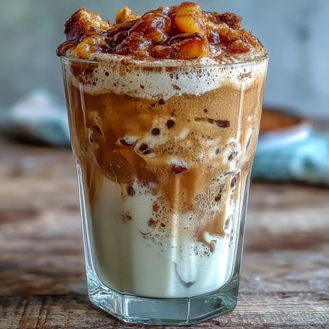 Luscious Peach Cobbler Cold Foam Chai with swirled peach compote.