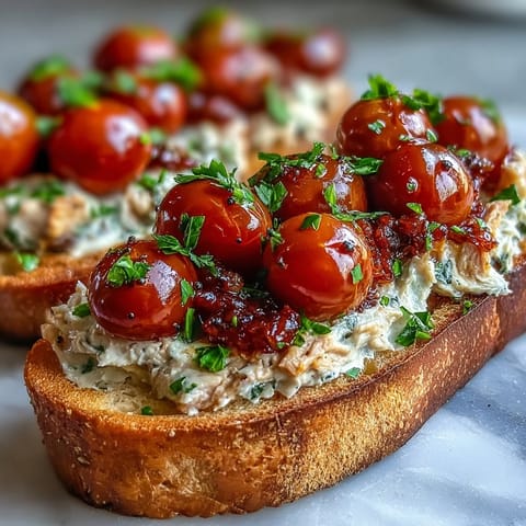 Savory creamy tomato sardine toasts glistening, a perfect flavorful snack.