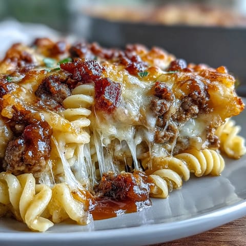 Melted cheddar atop bubbling BBQ Bacon Cheeseburger Pasta Bake, a hearty baked casserole.