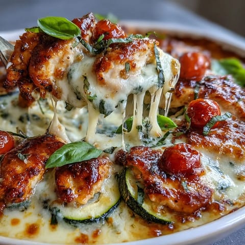 Creamy Tomato Zucchini Chicken Bake: golden cheese topping over tender chicken and vibrant vegetables.