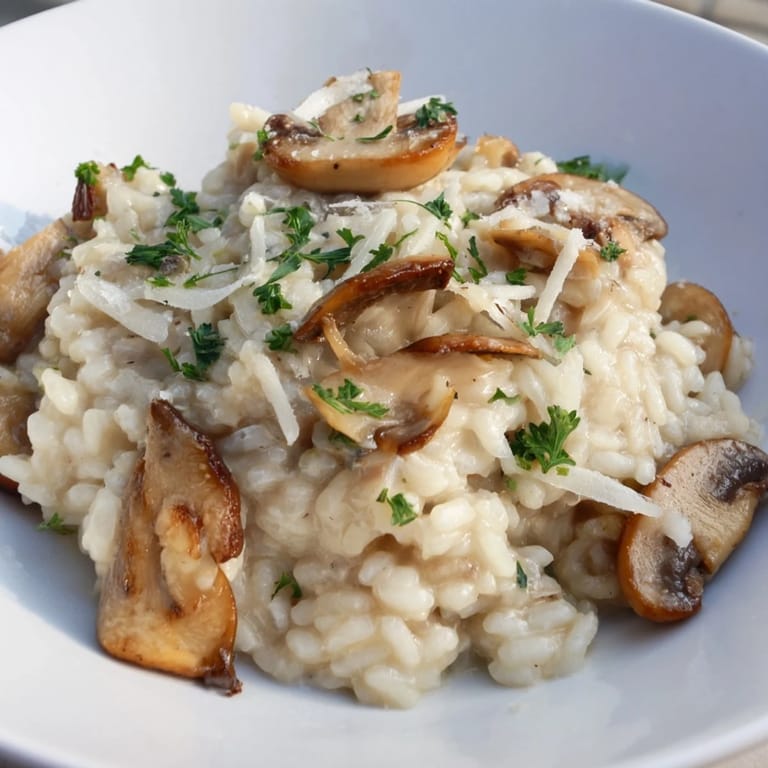 Close-up of stove-top creamy risotto, showing its creamy texture with visible Parmesan cheese.