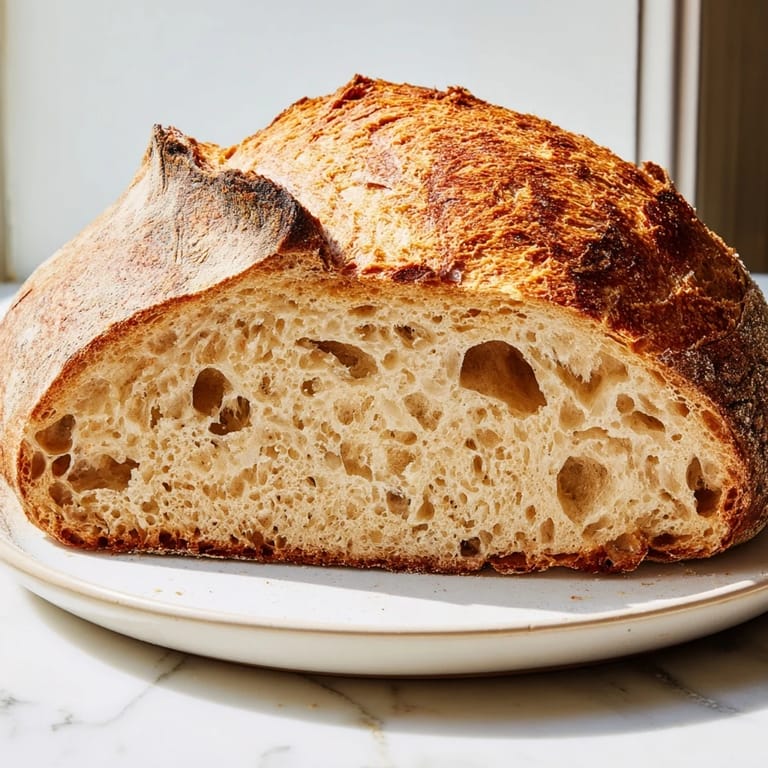 Close-up of a beautifully risen The Best Easy No-Knead Bread, ready to slice and serve.