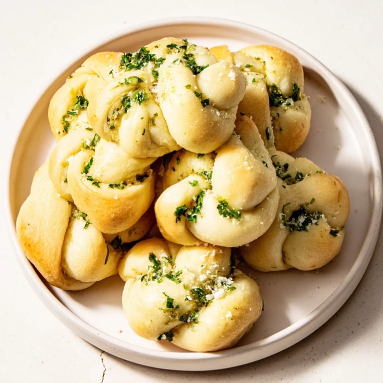 Tender, pull-apart homemade garlic knots, studded with flecks of parsley, offering a savory Italian bread experience.