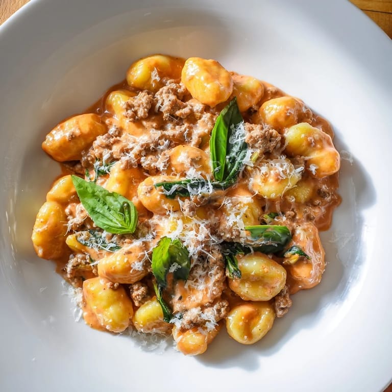 Plump gnocchi swimming in a vibrant, creamy sauce of Creamy Tomato and Sausage, ready to enjoy.