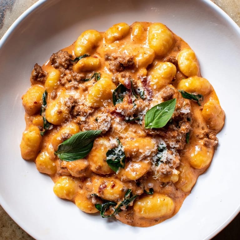 Sizzling Italian sausage melds into the creamy tomato sauce of this Creamy Tomato and Sausage Gnocchi.