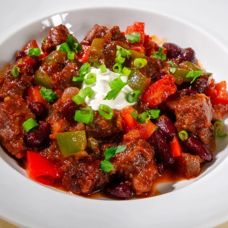 Close-up of a bubbling pot of Winter Warming Chili con Carne, releasing savory aromas and warmth.