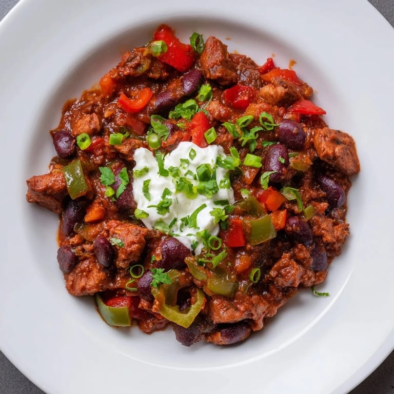 Garnished Winter Warming Chili con Carne, ready to eat, served with fresh cilantro and a lime wedge.